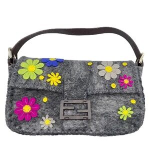Fendi Vintage Grey Felted Multicolor Flower Baguette
